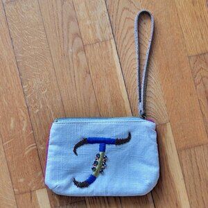 Anthropologie Monogram “T” Miss Albright Embroidered Pouch Wristlet